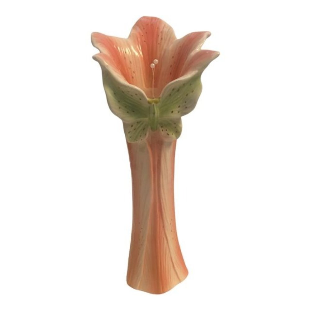 Pink and White Ceramic Flower Vase Green Butterfly 11.5"